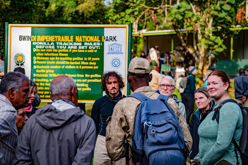Bwindi Impenetrable national park briefing point with Uganda Wildlife Rangers