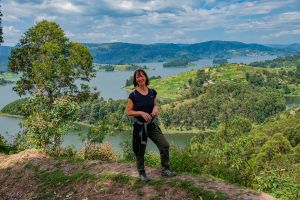 Doro enjoying the panoramic views of lake Bunyonyi on a local community walk.