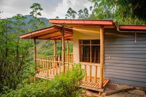 Romantic lodge terrace overlooking the Ugandan hills